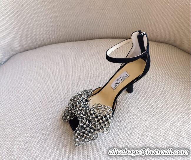 Good Product Jimmy Choo Mana Suede Sandals 8.5cm with Crystal Bow 061209 Black 2021