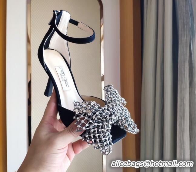 Good Product Jimmy Choo Mana Suede Sandals 8.5cm with Crystal Bow 061209 Black 2021