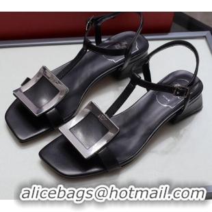 Top Quality Roger Vivier Calfskin Square Buckle Sandals 042763 Black/Silver 2021