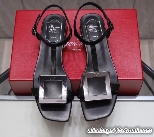 Top Quality Roger Vivier Calfskin Square Buckle Sandals 042763 Black/Silver 2021