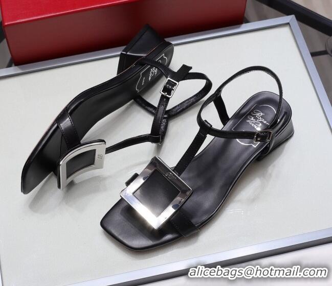 Top Quality Roger Vivier Calfskin Square Buckle Sandals 042763 Black/Silver 2021