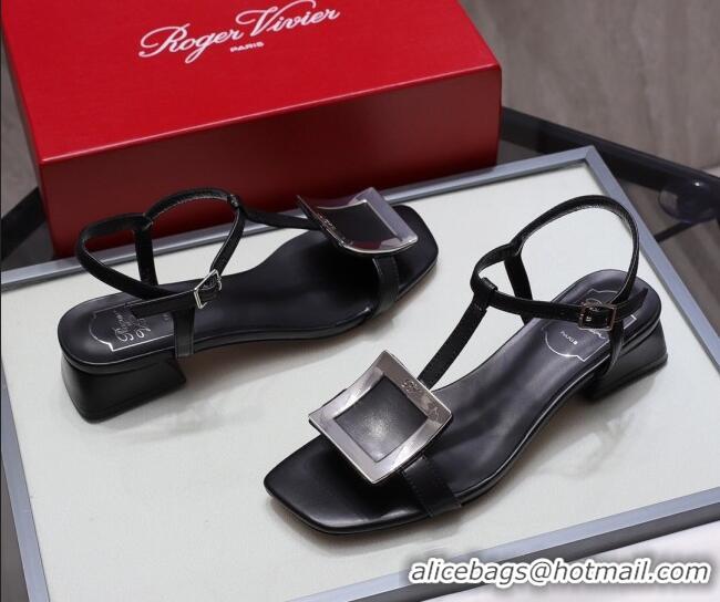 Top Quality Roger Vivier Calfskin Square Buckle Sandals 042763 Black/Silver 2021