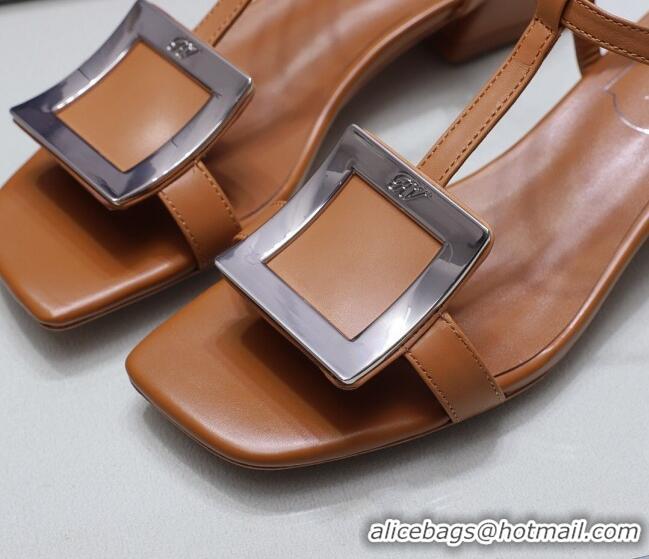 New Style Roger Vivier Calfskin Square Buckle Sandals 042763 Brown/Silver 2021