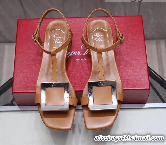 New Style Roger Vivier Calfskin Square Buckle Sandals 042763 Brown/Silver 2021