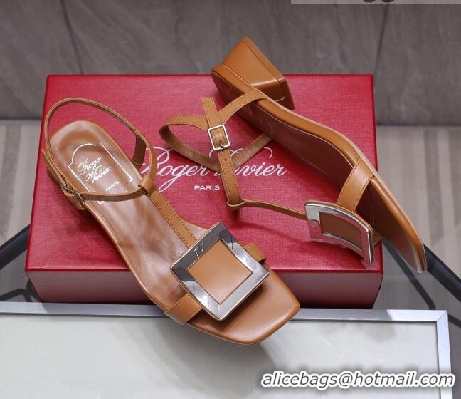 New Style Roger Vivier Calfskin Square Buckle Sandals 042763 Brown/Silver 2021