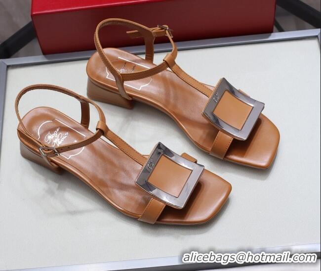 New Style Roger Vivier Calfskin Square Buckle Sandals 042763 Brown/Silver 2021