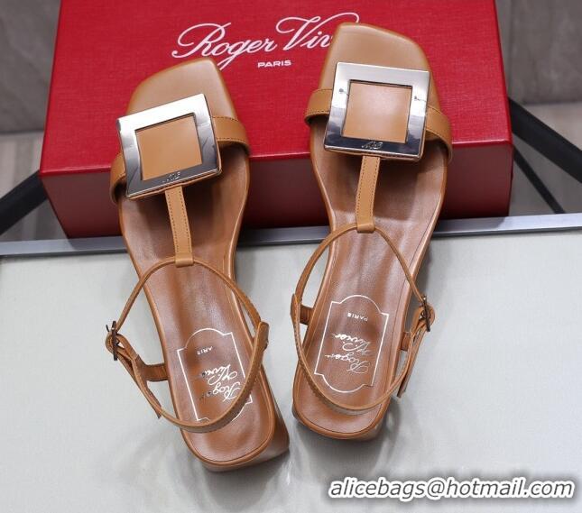 New Style Roger Vivier Calfskin Square Buckle Sandals 042763 Brown/Silver 2021