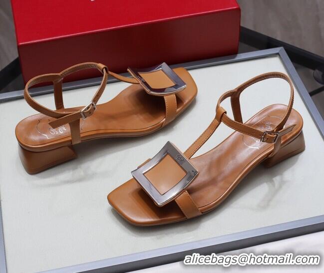 New Style Roger Vivier Calfskin Square Buckle Sandals 042763 Brown/Silver 2021