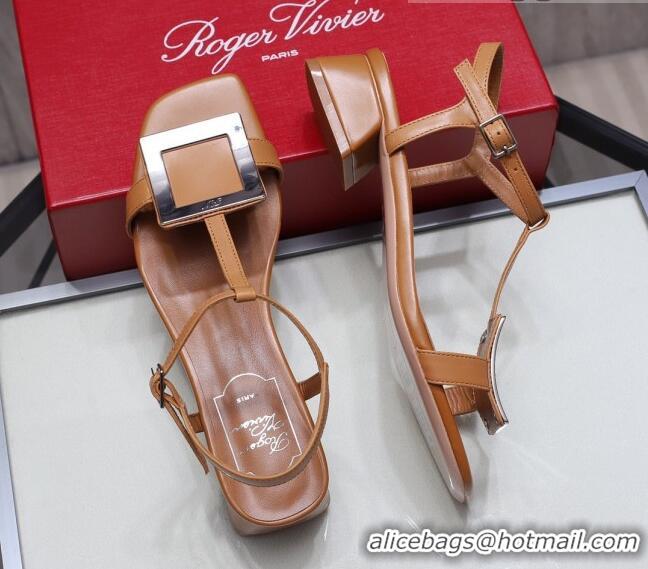 New Style Roger Vivier Calfskin Square Buckle Sandals 042763 Brown/Silver 2021