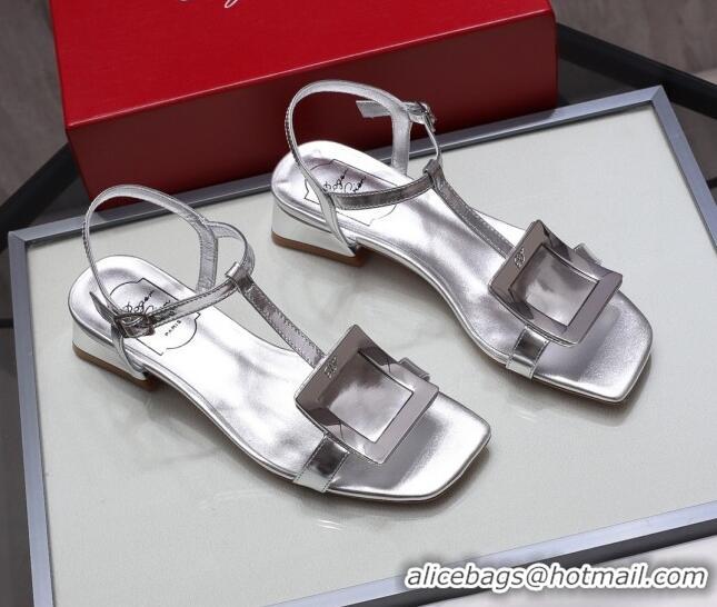 Low Price Roger Vivier Calfskin Square Buckle Sandals 042763 All Silver 2021