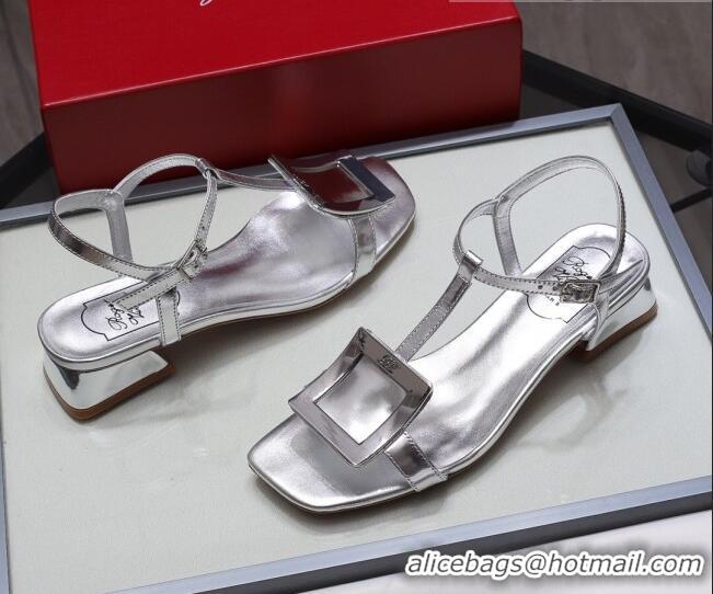 Low Price Roger Vivier Calfskin Square Buckle Sandals 042763 All Silver 2021