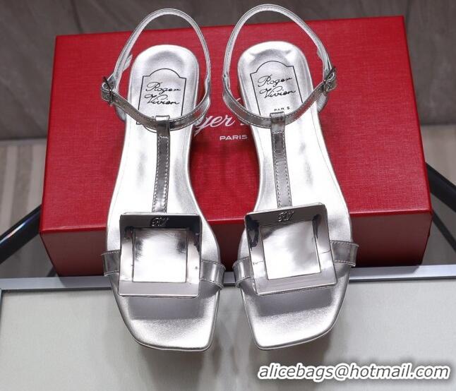 Low Price Roger Vivier Calfskin Square Buckle Sandals 042763 All Silver 2021