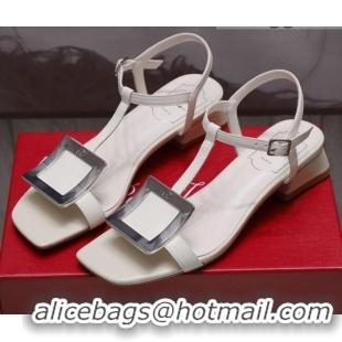 Cute Roger Vivier Calfskin Square Buckle Sandals 042763 White/Silver 2021