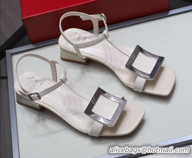 Cute Roger Vivier Calfskin Square Buckle Sandals 042763 White/Silver 2021