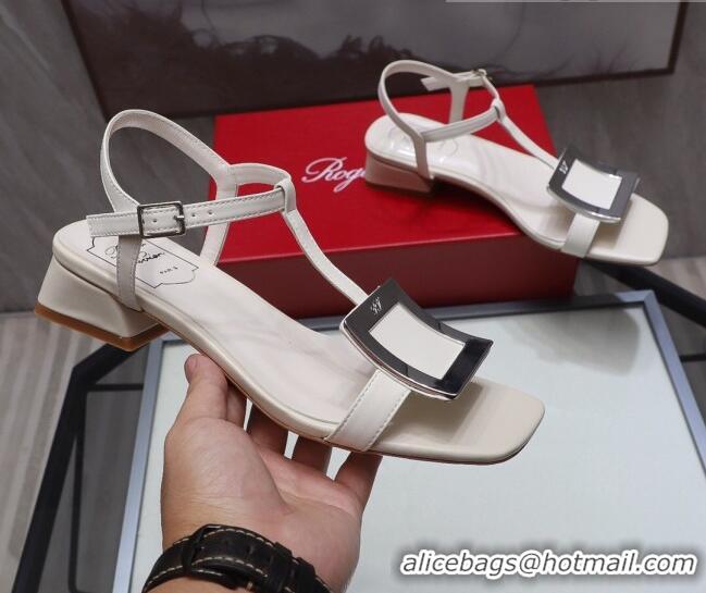 Cute Roger Vivier Calfskin Square Buckle Sandals 042763 White/Silver 2021