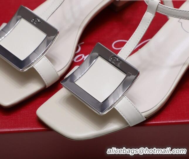 Cute Roger Vivier Calfskin Square Buckle Sandals 042763 White/Silver 2021