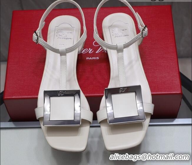 Cute Roger Vivier Calfskin Square Buckle Sandals 042763 White/Silver 2021