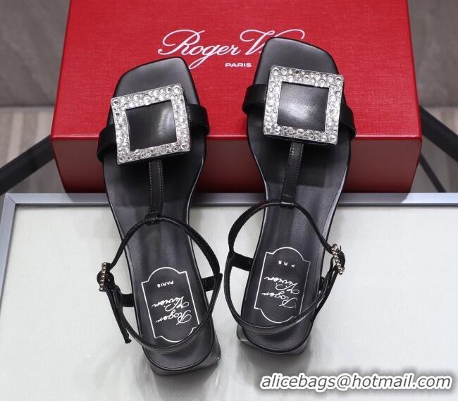 Best Luxury Roger Vivier Calfskin Crystal Buckle Sandals 042768 Black 2021