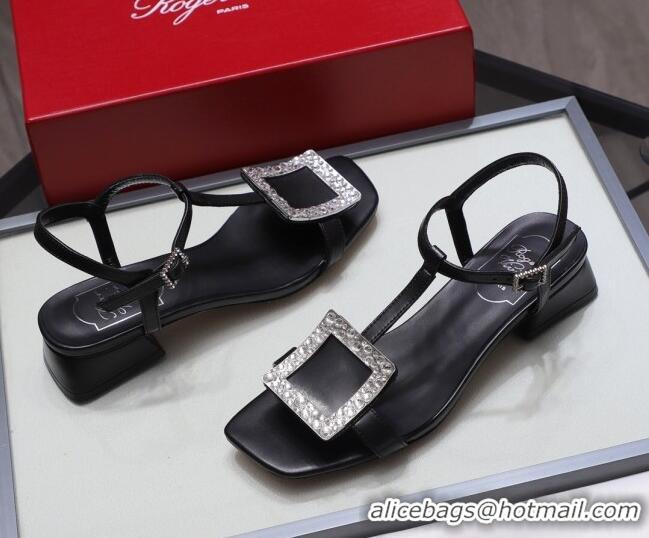 Best Luxury Roger Vivier Calfskin Crystal Buckle Sandals 042768 Black 2021