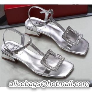 Modern Roger Vivier Calfskin Crystal Buckle Sandals 042768 Silver 2021