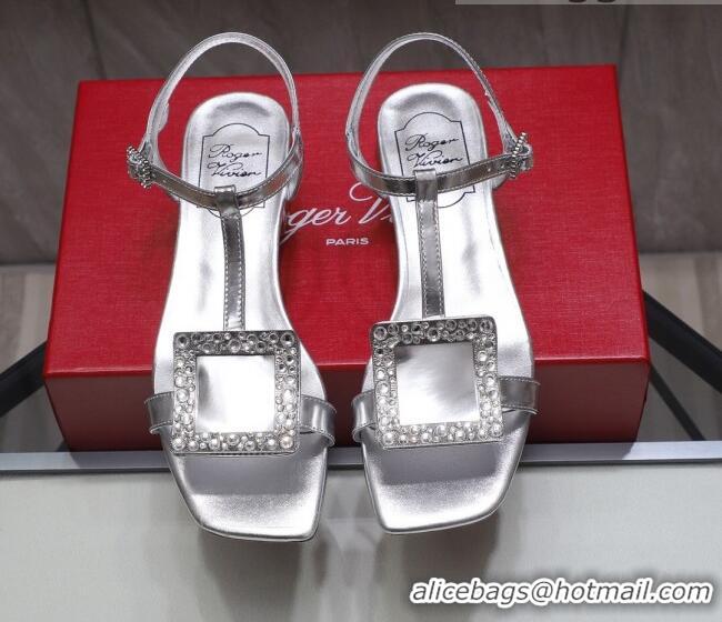 Modern Roger Vivier Calfskin Crystal Buckle Sandals 042768 Silver 2021