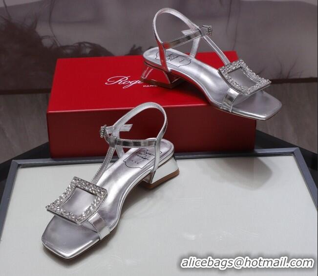 Modern Roger Vivier Calfskin Crystal Buckle Sandals 042768 Silver 2021