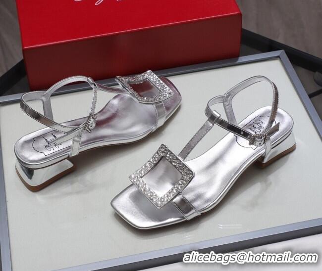 Modern Roger Vivier Calfskin Crystal Buckle Sandals 042768 Silver 2021