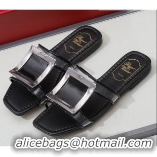 New Style Roger Vivier Calfskin Square Buckle Flat Slide Sandals 042771 Black 2021