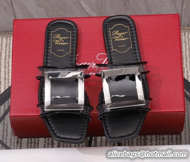 New Style Roger Vivier Calfskin Square Buckle Flat Slide Sandals 042771 Black 2021