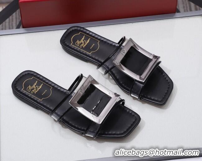 New Style Roger Vivier Calfskin Square Buckle Flat Slide Sandals 042771 Black 2021