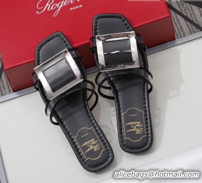 New Style Roger Vivier Calfskin Square Buckle Flat Slide Sandals 042771 Black 2021