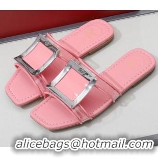 Cute Roger Vivier Calfskin Square Buckle Flat Slide Sandals 042771 Pink 2021