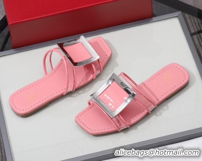 Cute Roger Vivier Calfskin Square Buckle Flat Slide Sandals 042771 Pink 2021