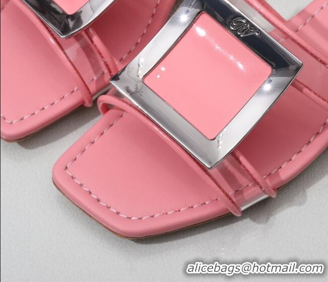 Cute Roger Vivier Calfskin Square Buckle Flat Slide Sandals 042771 Pink 2021