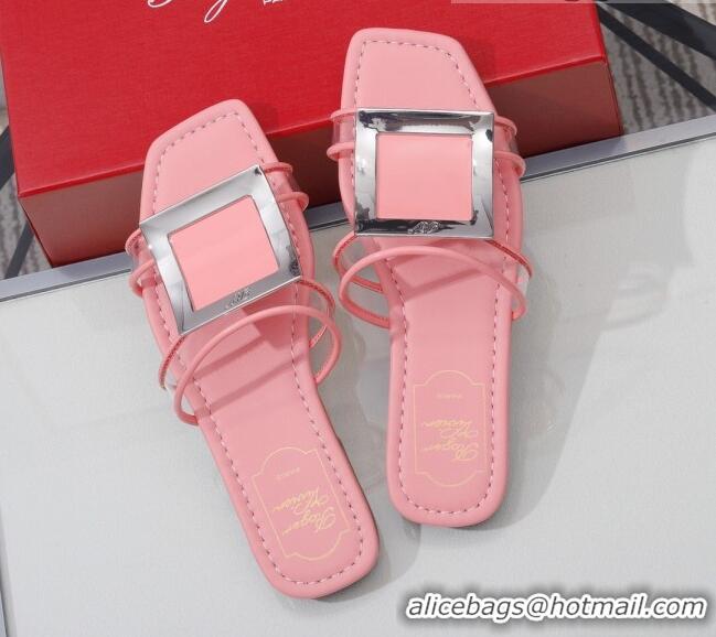 Cute Roger Vivier Calfskin Square Buckle Flat Slide Sandals 042771 Pink 2021