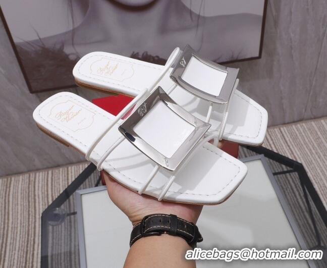 Good Quality Roger Vivier Calfskin Square Buckle Flat Slide Sandals 042771 White 2021