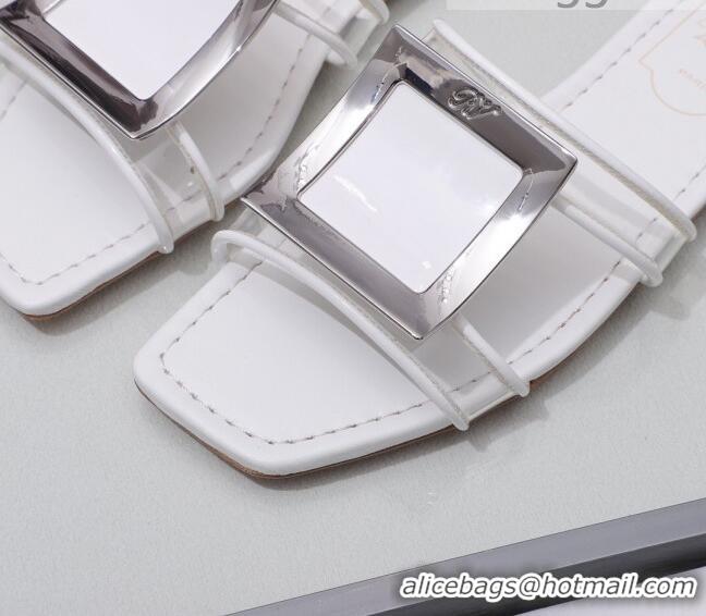 Good Quality Roger Vivier Calfskin Square Buckle Flat Slide Sandals 042771 White 2021