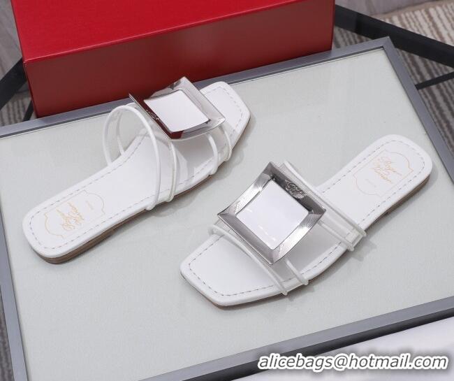 Good Quality Roger Vivier Calfskin Square Buckle Flat Slide Sandals 042771 White 2021