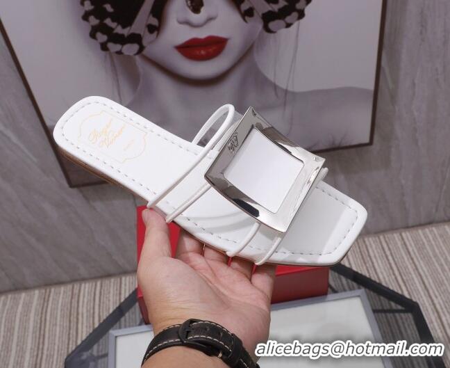 Good Quality Roger Vivier Calfskin Square Buckle Flat Slide Sandals 042771 White 2021