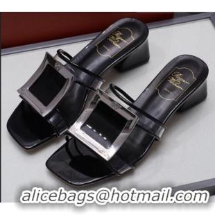 Perfect Roger Vivier Calfskin Square Buckle Heel Slide Sandals 042774 Black 2021