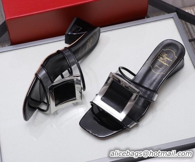 Perfect Roger Vivier Calfskin Square Buckle Heel Slide Sandals 042774 Black 2021