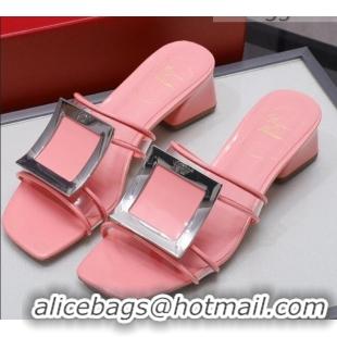 Good Product Roger Vivier Calfskin Square Buckle Heel Slide Sandals 042774 Pink 2021