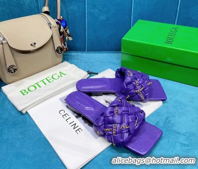 Top Quality Bottega Veneta Leather Chain Woven Flat Slide Sandals 0430103 Purple 2021