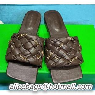 Low Price Bottega Veneta Leather Chain Woven Flat Slide Sandals 0430103 Brown 2021