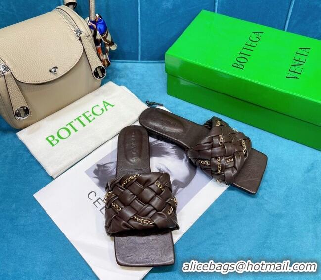 Low Price Bottega Veneta Leather Chain Woven Flat Slide Sandals 0430103 Brown 2021