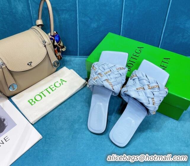 Trendy Design Bottega Veneta Leather Chain Woven Flat Slide Sandals 0430103 Light Blue 2021