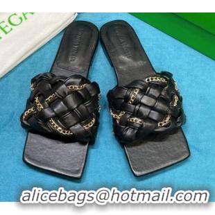 Low Price Bottega Veneta Leather Chain Woven Flat Slide Sandals 0430103 Black 2021