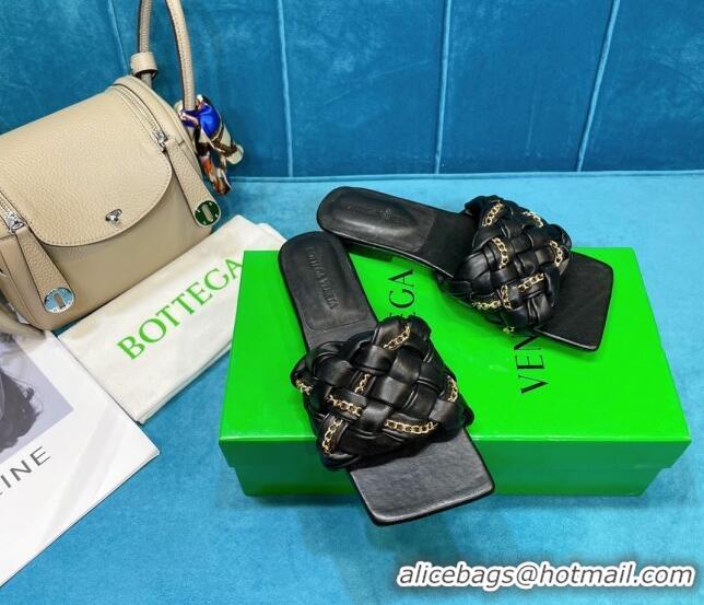 Low Price Bottega Veneta Leather Chain Woven Flat Slide Sandals 0430103 Black 2021