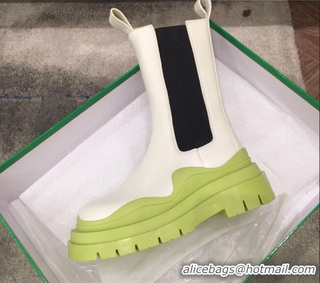 Fashion Bottega Veneta Tire Calfskin Mid-Calf Chelsea Boots 050791 White/Kiwi Green 2021