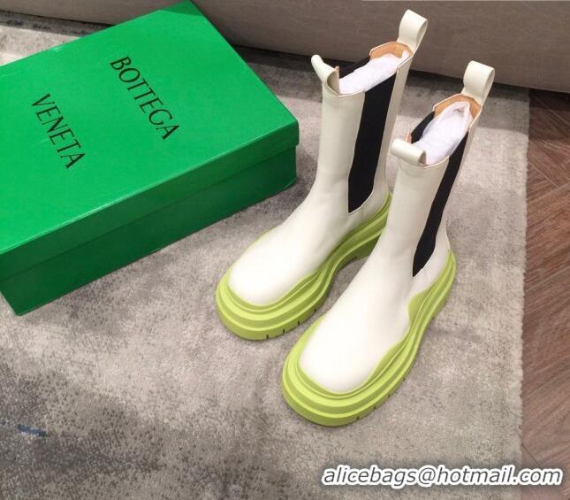 Fashion Bottega Veneta Tire Calfskin Mid-Calf Chelsea Boots 050791 White/Kiwi Green 2021